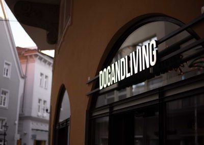 Leuchtbuchstaben vor Bogenfenster in Altstadt